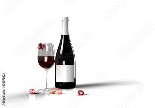 Wine bottle mockup with glass of wine and grape.