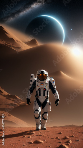 Martian Marathon: Hyper Realistic Action Shot of a Strong Man in a Futuristic Mechsuit, Running Against a Hazy Dust Storm on Mars. Generative AI