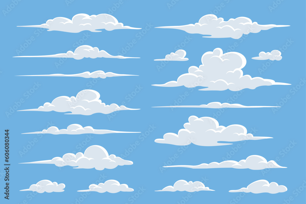 set of white clouds on a blue background
