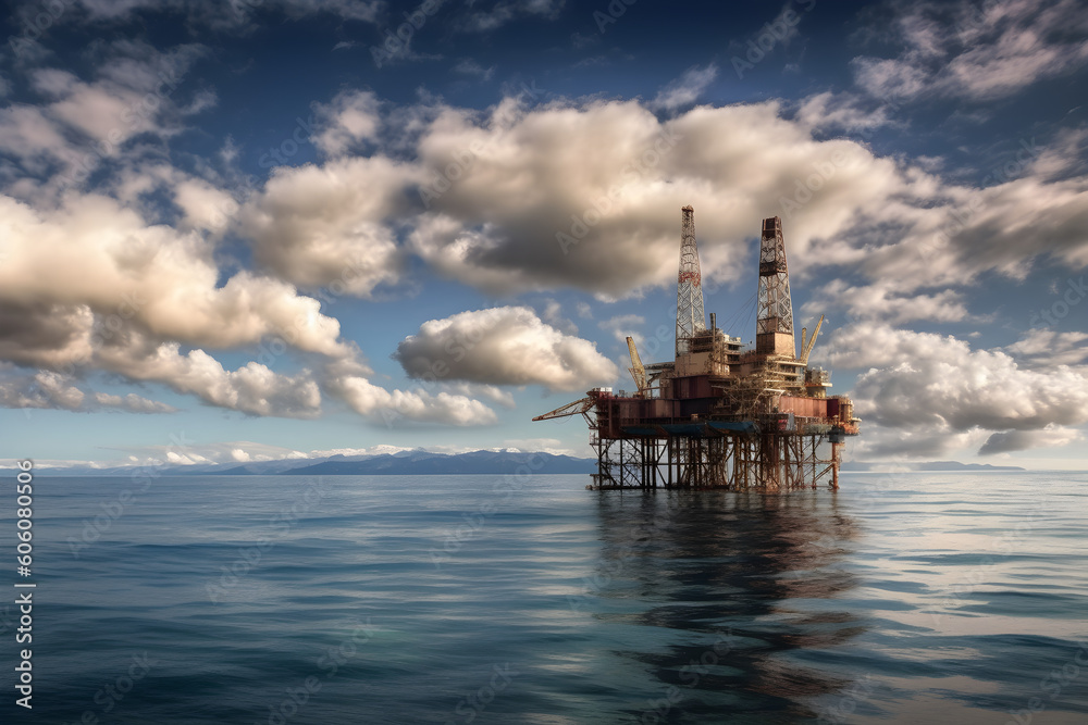 Offshore ocean oil rig platform cloudy sky blue sea