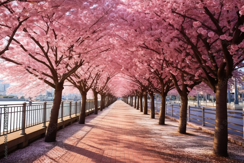 Beautiful walkway in Japan with cherry blossom trees Beautiful walkway in Japan with cherry blossom trees