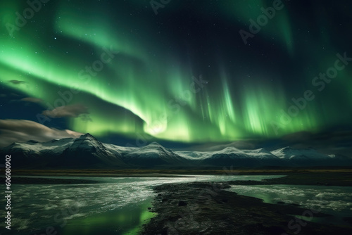 Aurora Borealis over a beautiful Icelandic landscape with water