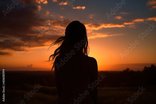 silhouette of a woman in sunset look at a beautiufl landscape