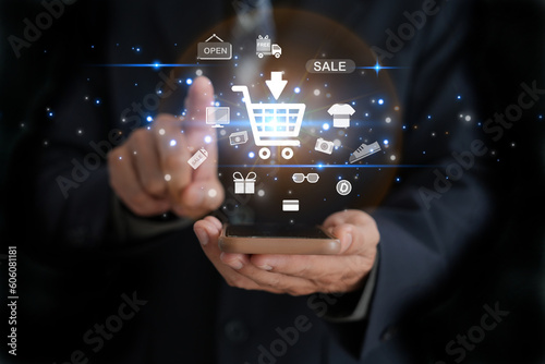 Businessman point to connect to information and sell or buy from around the world to Analysis of sales data and economic growth. Business strategy, digital market. finance, marketing, e-commerce