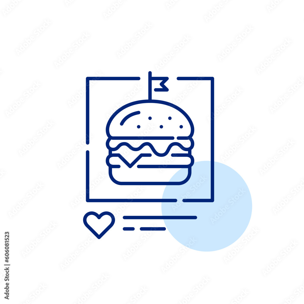 Picture of cheeseburger on social media getting likes. Food blogging. Pixel perfect, editable stroke simple icon Picture of cheeseburger on social media getting likes. Food blogging. Pixel perfect, editable stroke simple icon