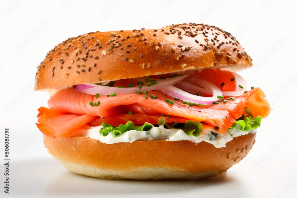 Bagel and lox sandwich With cheese and salmon. Generative AI Bagel and lox sandwich With cheese and salmon. Generative AI
