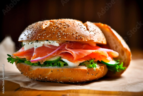Bagel and lox sandwich With cheese and salmon. Generative AI