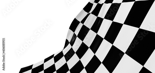 Checkered flag flying on blue background. Car race or motorsport rally flag. 3D wavy pattern background