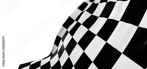 Checkered flag flying on blue background. Car race or motorsport rally flag. 3D wavy pattern background