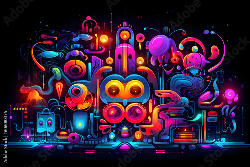 Abstract neon psychedelic art shapes black background