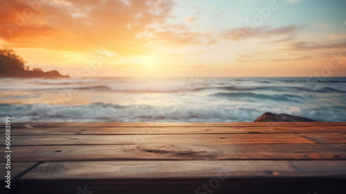Wooden table in front of blurred tropical sunset beach. Generative AI Image