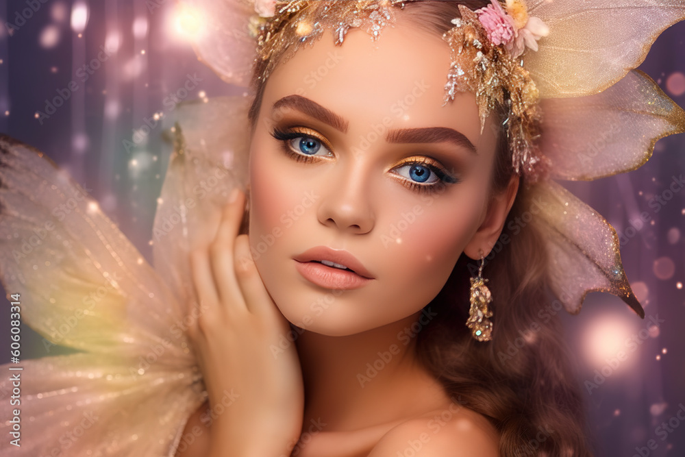 Close up portrait of Beautiful young fairy in enchanted magical forest. Butterfly wings, stunning pastel crystals, glitter light sage and blush and gold, flowers
Close up portrait of Beautiful young fairy in enchanted magical forest. Butterfly wings, stunning pastel crystals, glitter light sage and blush and gold, flowers
