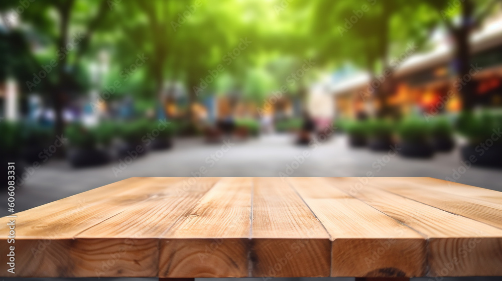 Empty wood table top on blured background at garden in shopping mall. Generative AI Image Empty wood table top on blured background at garden in shopping mall. Generative AI Image