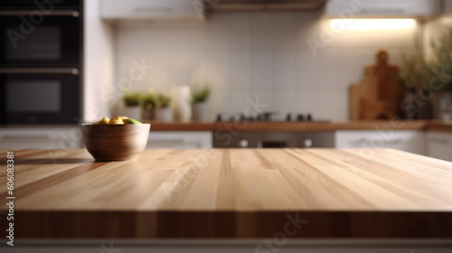 Wooden empty table in front of blurred modern light kitchen. Generative AI Image