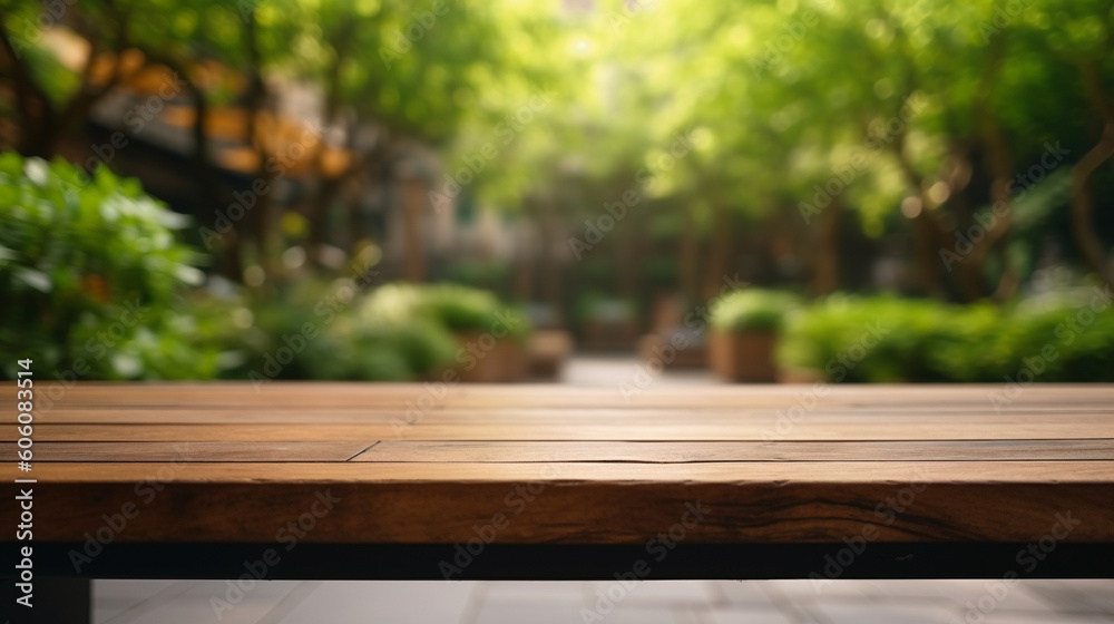 Empty wood table top on blured background at garden in shopping mall. Generative AI Image Empty wood table top on blured background at garden in shopping mall. Generative AI Image