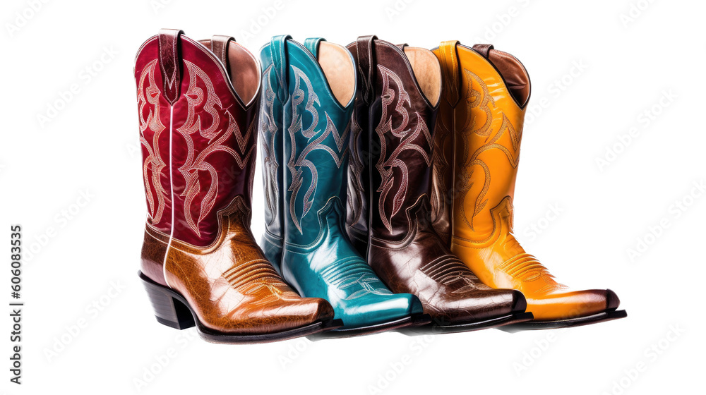 a top view multi-colored Cowboy boots, western wear, Western-themed,  photorealistic illustrations in PNG. cutout, isolated. Generative AI