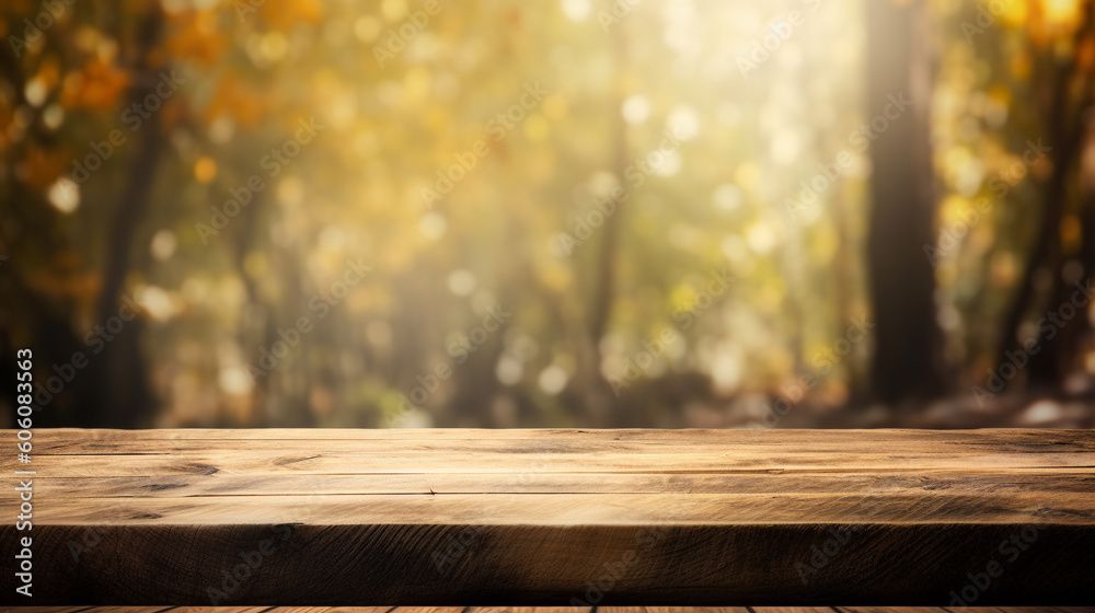Wooden table in front of blurred autumn forest. Generative AI Image Wooden table in front of blurred autumn forest. Generative AI Image