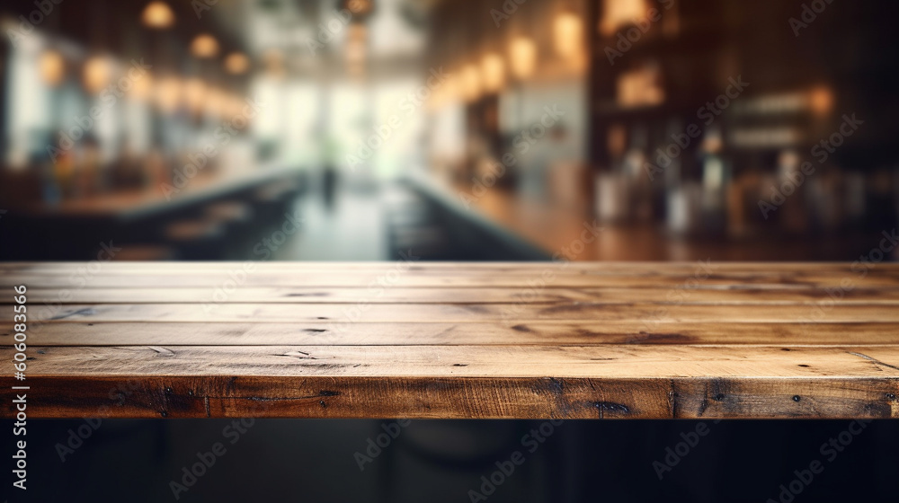 Empty wood table top on blured background of bar. Generative AI Image Empty wood table top on blured background of bar. Generative AI Image