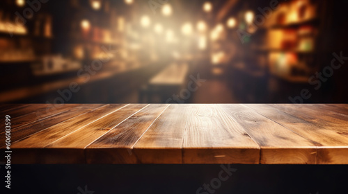 Empty wood table top on blured background of bar. Generative AI Image