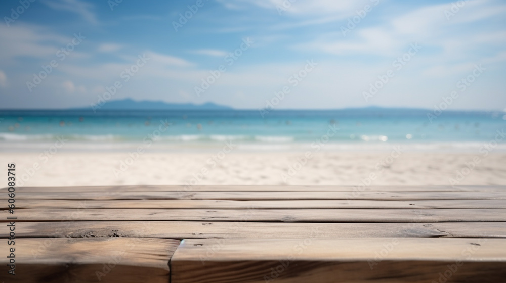 Wooden table in front of blurred white sand beach. Generative AI Image