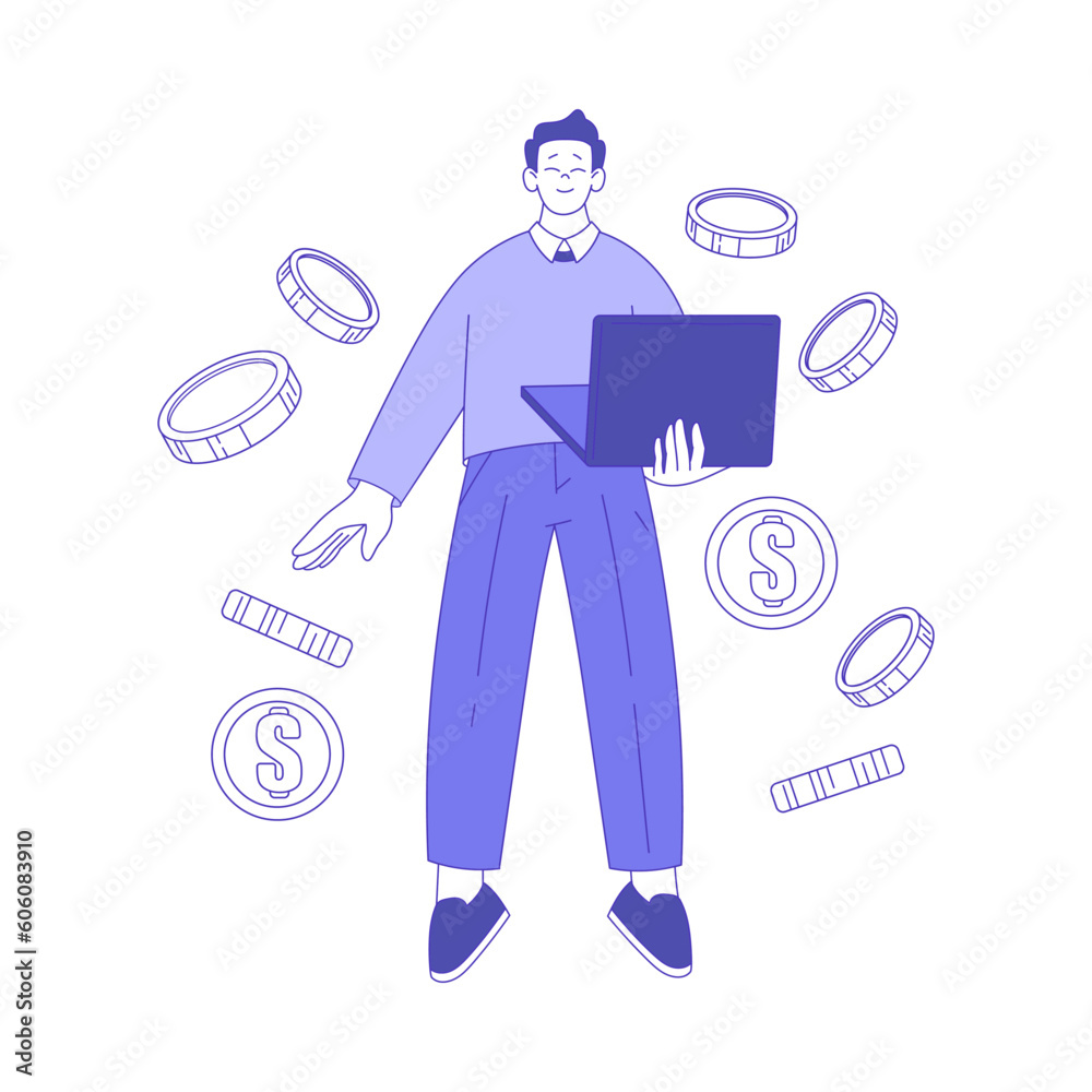 Successful Business Man Character with Laptop Making Deal and Money Earning Vector Illustration