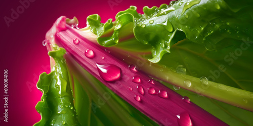 Closeup beautiful texture of fresh juicy rhubarb bunch with water drops.vegetable background.healthy eating with organic food ingredient.generative ai technology