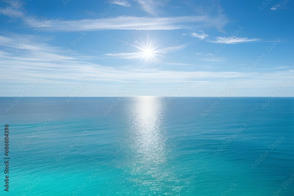 海の水面に日光が輝く、空は美しい雲と青空