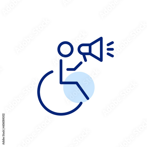 Person with disabilities holding loudspeaker. Activism, fighting for human rights. Pixel perfect, editable stroke line icon