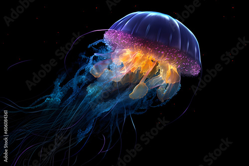 Neon Jellyfish Black Background Studio Shot