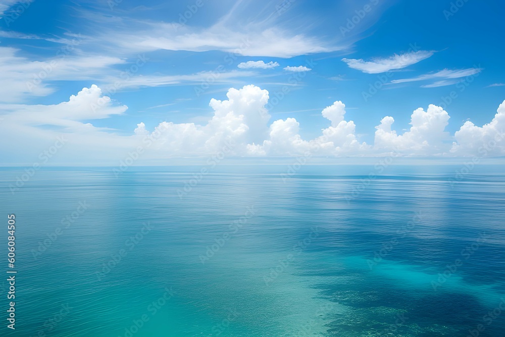 Obraz premium 海の水面に日光が輝く、空は美しい雲と青空