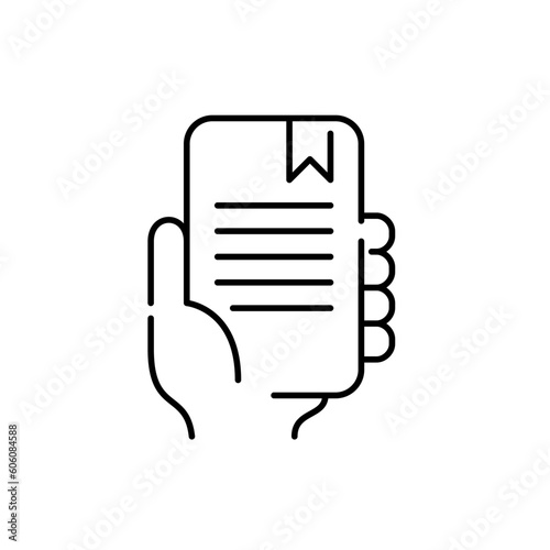 Reading e-book on smartphone. E-library application. Pixel perfect, editable stroke simple icon