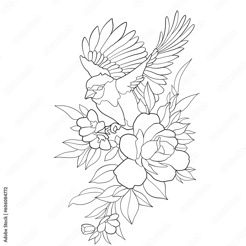 coloring page with a bird in flowers