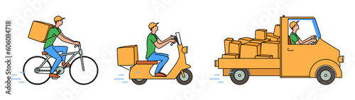 Online delivery of food, purchases, parcels, packages. Courier on a bicycle, scooter, truck with a backpack and a pile of boxes. Vector flat cartoon illustration.