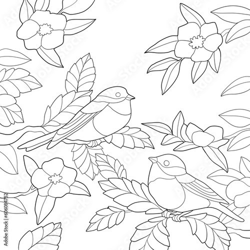 Birds on branches among leaves and flowers coloring book