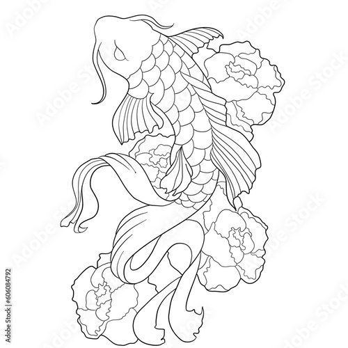 Chinese carp coloring book among flowers