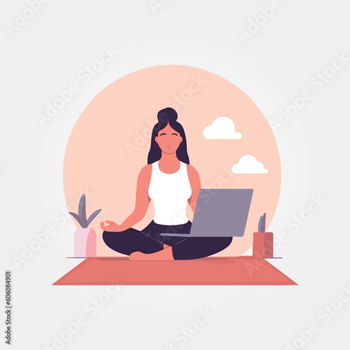 woman sitting meditating watching video class