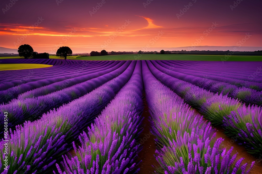 Naklejka premium 田舎のラベンダー畑に沈む美しい夕日