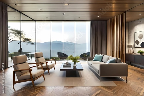 Living Room Decorated with Furniture in Seamless Harmony Blends with Natural Beauty  a digital rendering  cg society contest winner  art deco  rich color palette  vray