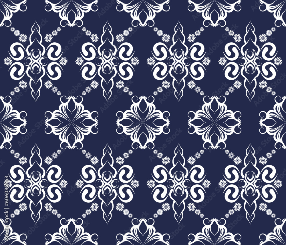 Emblem ethnic folk geometric seamless pattern in white on indigo vector illustration design for fabric, mat, carpet, scarf, wrapping paper, tile and more