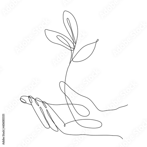 a hand from which a flower grows drawn in one line