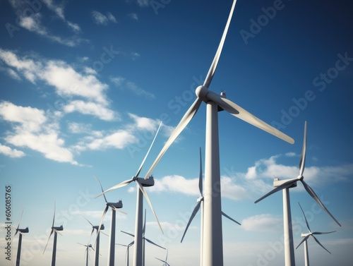 Wind turbines generating electricity with blue sky, energy conservation concept. Generative AI