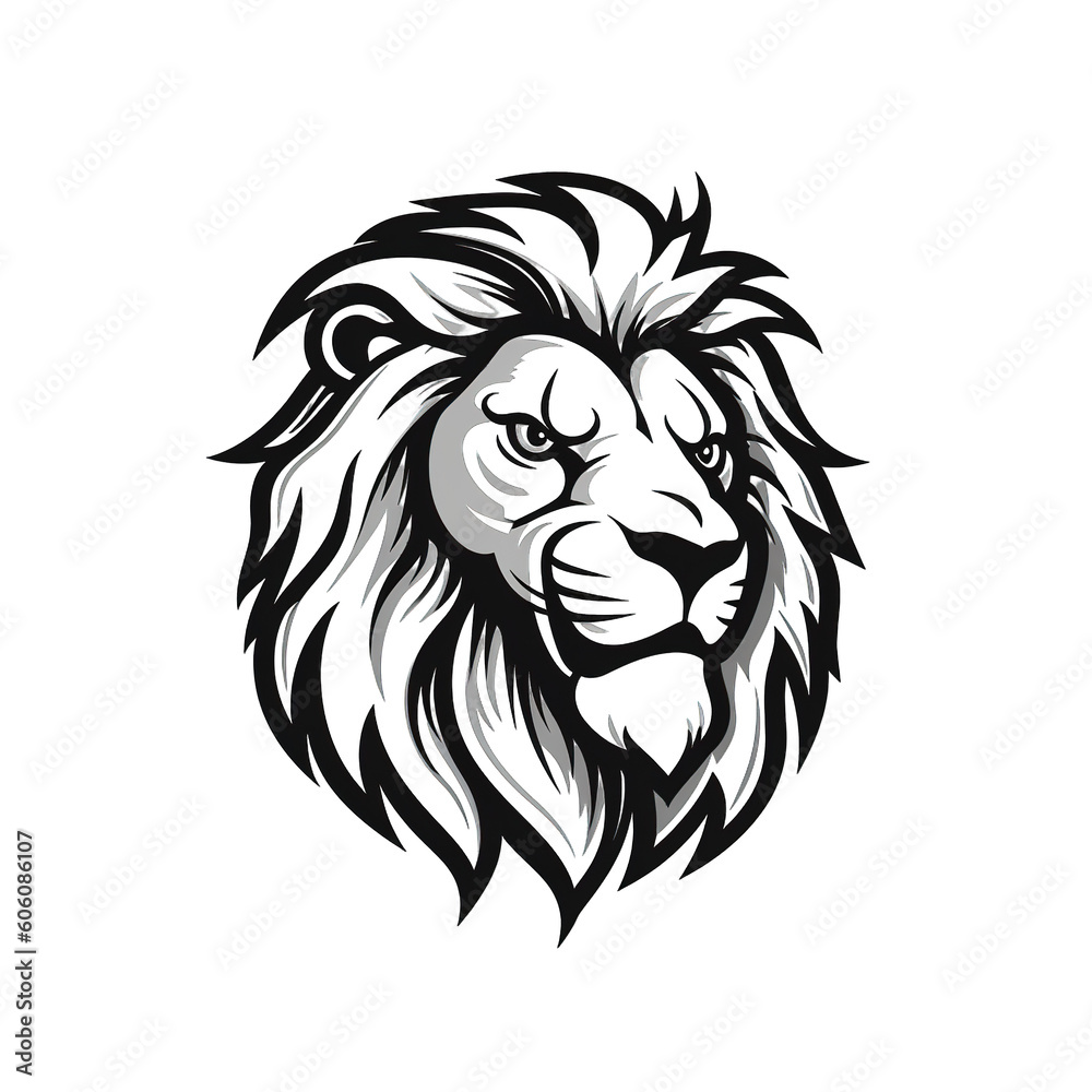 Lion head, cartoon style, black and white color, minimalist, isolated PNG white background