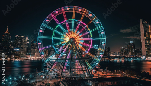 Spinning wheel of joy, vibrant colors glowing generated by AI