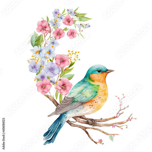 Beautiful Watercolor birds on branches created using artificial intelligence (AI) © Yasir Khan
