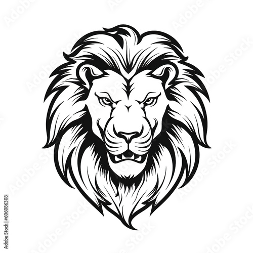 Lion head  cartoon style  black and white color  minimalist  isolated PNG white background