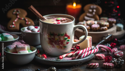 Hot chocolate, cookies, and candy canes galore generated by AI