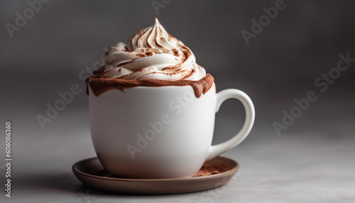 Whipped cream tops hot mocha on wood table generated by AI