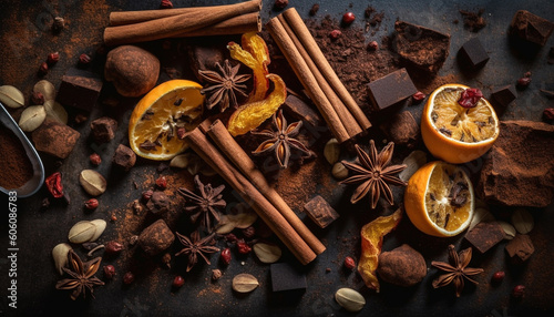 Wooden table holds rustic winter dessert bowl generated by AI photo