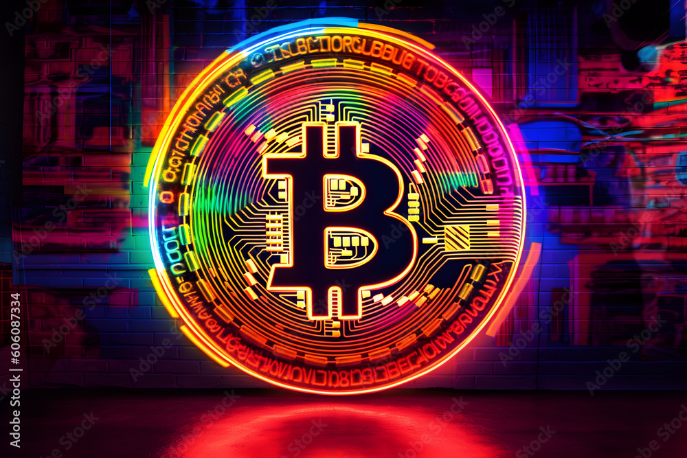 Bitcoin neon sign glowing coin graphic Bitcoin neon sign glowing coin graphic