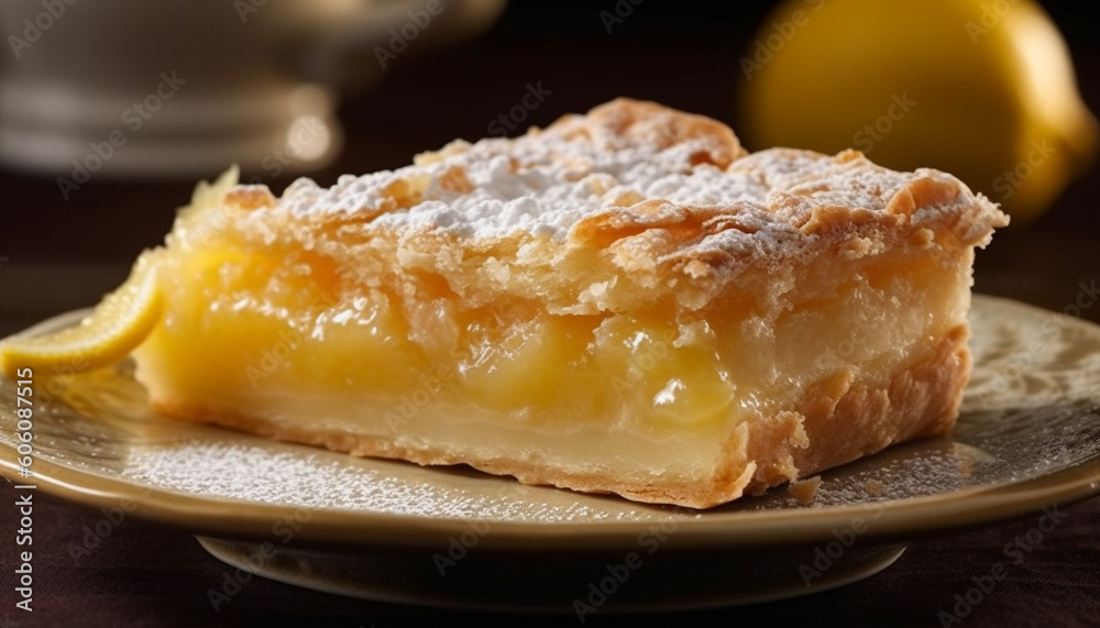 Freshly baked sweet apple pie on rustic plate generated by AI